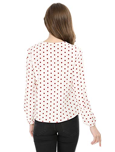 Allegra K Blusa Túnica Camisa Lunares Vintage Manga Larga Cuello De Volantes para Mujer Blanco Rojo S