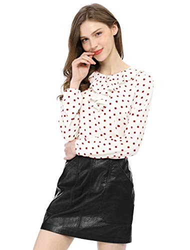Allegra K Blusa Túnica Camisa Lunares Vintage Manga Larga Cuello De Volantes para Mujer Blanco Rojo S