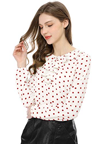 Allegra K Blusa Túnica Camisa Lunares Vintage Manga Larga Cuello De Volantes para Mujer Blanco Rojo S