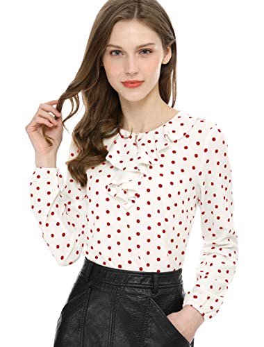 Allegra K Blusa Túnica Camisa Lunares Vintage Manga Larga Cuello De Volantes para Mujer Blanco Rojo S
