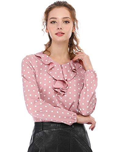 Allegra K Blusa Túnica Camisa Lunares Vintage Manga Larga Cuello De Volantes para Mujer Rosa S