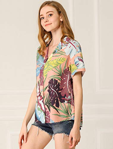 Allegra K Camisa Estampada con Hojas Florales Hawaianas Manga Corta Botón Abajo Vintage Blusa Top Playa para Mujeres Rosa S