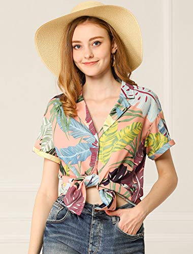 Allegra K Camisa Estampada con Hojas Florales Hawaianas Manga Corta Botón Abajo Vintage Blusa Top Playa para Mujeres Rosa S
