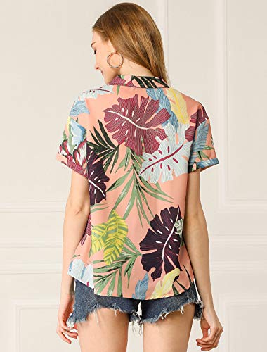 Allegra K Camisa Estampada con Hojas Florales Hawaianas Manga Corta Botón Abajo Vintage Blusa Top Playa para Mujeres Rosa S
