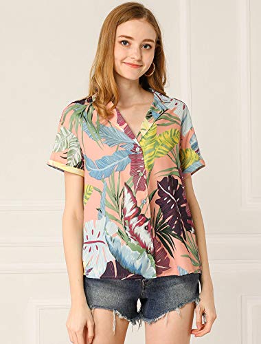 Allegra K Camisa Estampada con Hojas Florales Hawaianas Manga Corta Botón Abajo Vintage Blusa Top Playa para Mujeres Rosa S