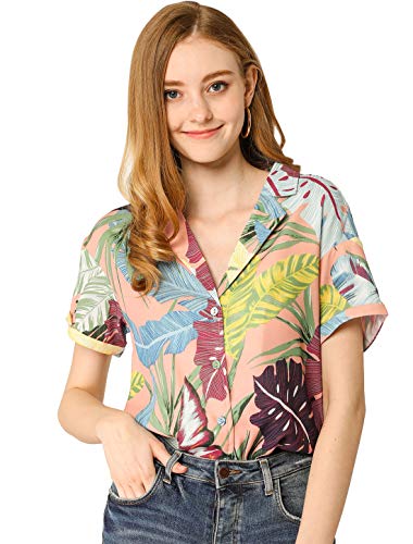 Allegra K Camisa Estampada con Hojas Florales Hawaianas Manga Corta Botón Abajo Vintage Blusa Top Playa para Mujeres Rosa S