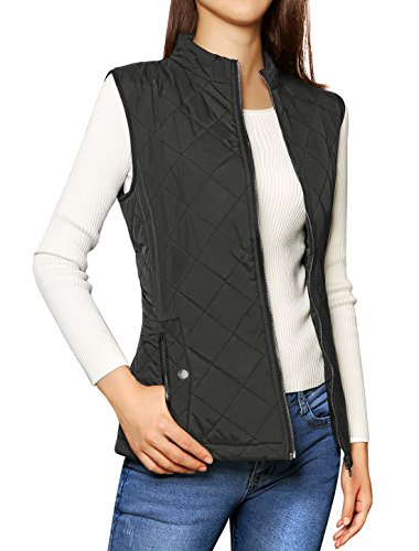 Allegra K Chaleco Acolchado para Mujer Cuello Alto Cremallera Frontal Bolsillos Inclinados Negro XL