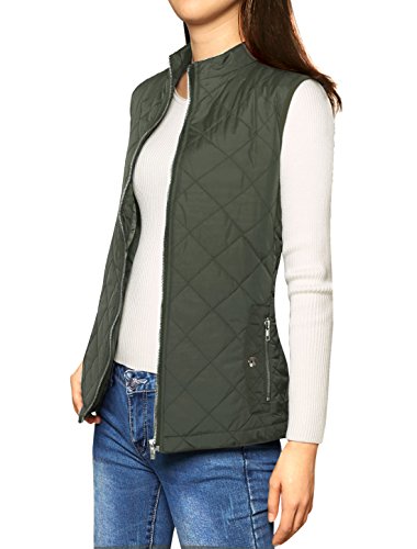 Allegra K Chaleco Acolchado para Mujer Cuello Alto Cremallera Frontal Bolsillos Inclinados Verde XL