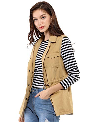 Allegra K Chaleco De Carga para Mujer Bolsillos Funcionales Cintura con Cordón Caqui S