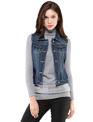 Allegra K Chaleco Vaquero con Bolsillos De Solapa Chaqueta Sin Mangas De Mezclilla Lavado Botones para Mujeres Azul XS