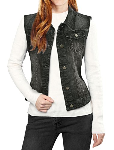 Allegra K Chaleco Vaquero con Bolsillos De Solapa Chaqueta Sin Mangas De Mezclilla Lavado Botones para Mujeres Negro XL