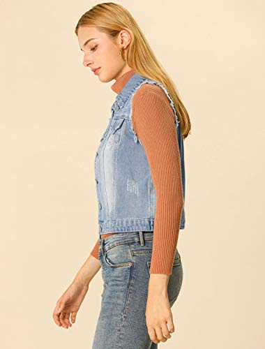 Allegra K Chaleco Vaquero Lavado Cuello Reversible Cierre De Botón para Mujer Azul Claro L