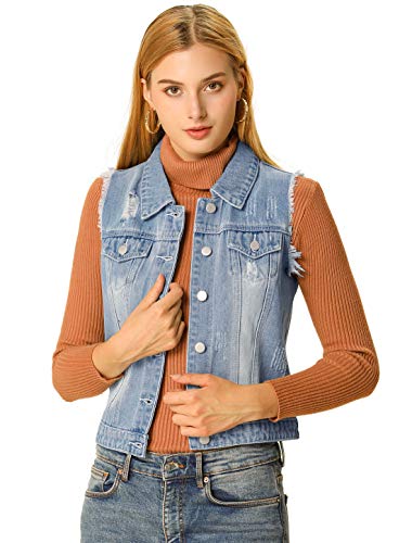 Allegra K Chaleco Vaquero Lavado Cuello Reversible Cierre De Botón para Mujer Azul Claro L
