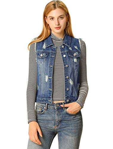 Allegra K Chaleco Vaquero Lavado Cuello Reversible Cierre De Botón para Mujer Azul L