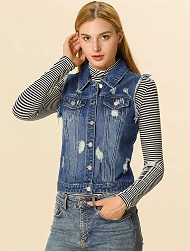 Allegra K Chaleco Vaquero Lavado Cuello Reversible Cierre De Botón para Mujer Azul XL