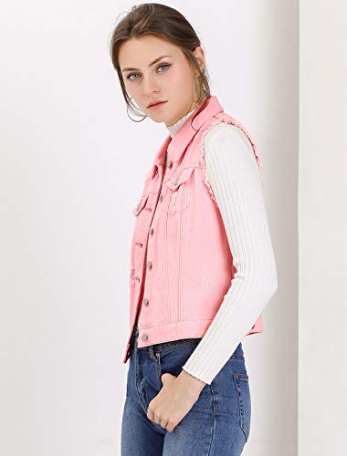 Allegra K Chaleco Vaquero Lavado Cuello Reversible Cierre De Botón para Mujer Rosa XL