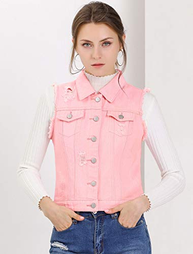 Allegra K Chaleco Vaquero Lavado Cuello Reversible Cierre De Botón para Mujer Rosa XL