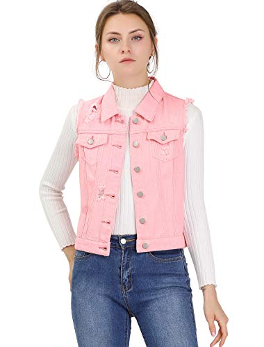 Allegra K Chaleco Vaquero Lavado Cuello Reversible Cierre De Botón para Mujer Rosa XL