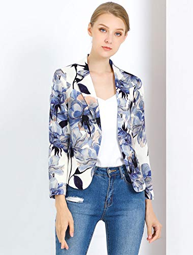 Allegra K Chaqueta Blázer para Mujer Forro De Contraste Frente Abierto Estampado Floral Blanco Azul M