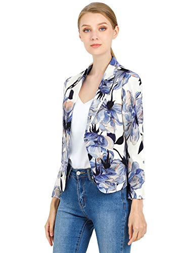 Allegra K Chaqueta Blázer para Mujer Forro De Contraste Frente Abierto Estampado Floral Blanco Azul M