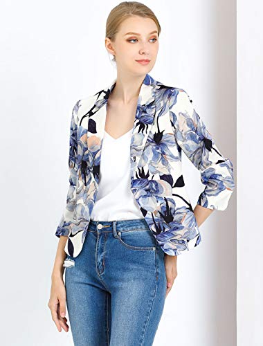 Allegra K Chaqueta Blázer para Mujer Forro De Contraste Frente Abierto Estampado Floral Blanco Azul M