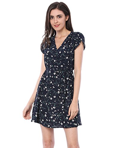 Allegra K Vestido Floral con Cinturón para Mujer Cuello En V Mangas De Pétalos Azul L