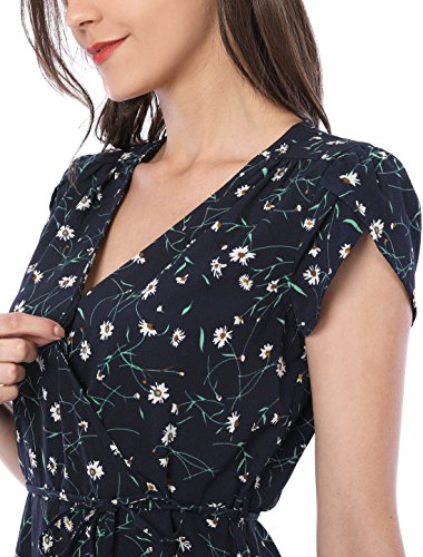 Allegra K Vestido Floral con Cinturón para Mujer Cuello En V Mangas De Pétalos Azul L
