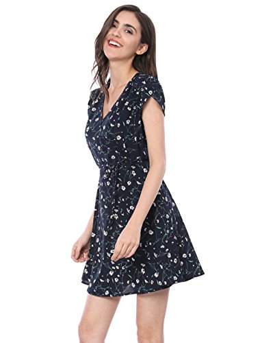 Allegra K Vestido Floral con Cinturón para Mujer Cuello En V Mangas De Pétalos Azul L