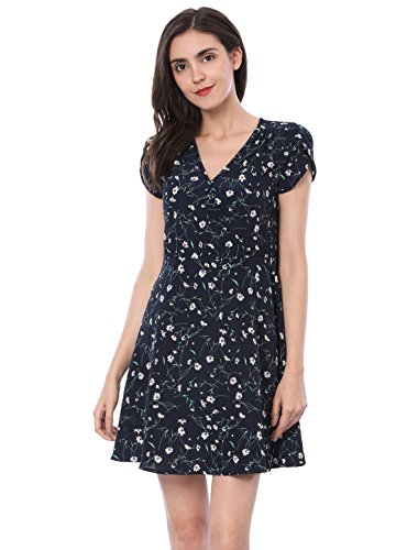 Allegra K Vestido Floral con Cinturón para Mujer Cuello En V Mangas De Pétalos Azul L