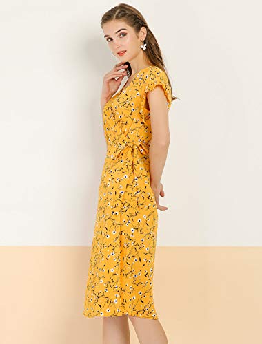 Allegra K Vestido Floral Cruzado A Media Pierna Brazalete con Ribete De Volantes Cuello En V Auto Cinturón para Mujeres Amarillo XL