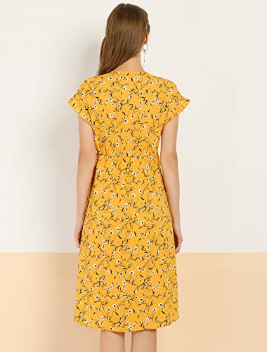 Allegra K Vestido Floral Cruzado A Media Pierna Brazalete con Ribete De Volantes Cuello En V Auto Cinturón para Mujeres Amarillo XL