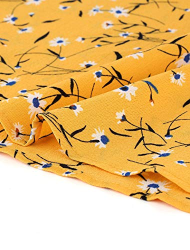Allegra K Vestido Floral Cruzado A Media Pierna Brazalete con Ribete De Volantes Cuello En V Auto Cinturón para Mujeres Amarillo XL