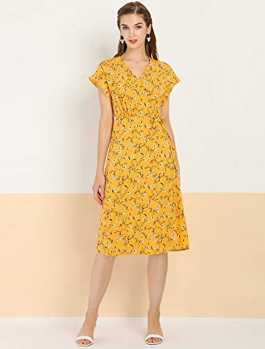 Allegra K Vestido Floral Cruzado A Media Pierna Brazalete con Ribete De Volantes Cuello En V Auto Cinturón para Mujeres Amarillo XL