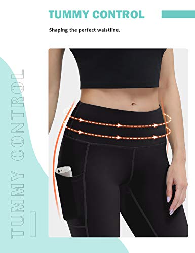 ALONG FIT Mujer Capri 3/4 Leggings Deporte Tiras Reflectantes Mallas con Bolsillos Alta Cintura Mallas Adelgazantes Compresion Pantalon Deportivo Largo para Gym Yoga Ciclista Moldeador Negro XL