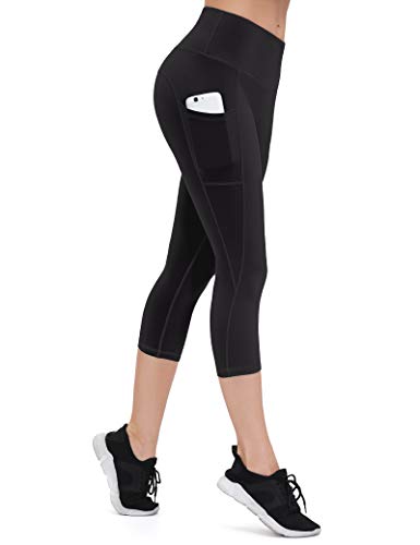 ALONG FIT Mujer Capri 3/4 Leggings Deporte Tiras Reflectantes Mallas con Bolsillos Alta Cintura Mallas Adelgazantes Compresion Pantalon Deportivo Largo para Gym Yoga Ciclista Moldeador Negro XL