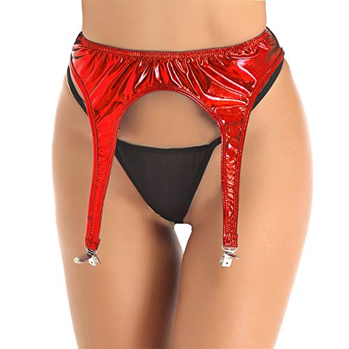 Alvivi Liguero Sexy Mujer Ligas Metálico Brillante con Cuatro Picos de Pato Ligas Liguero para Medias Lencería Erótica Mujeres Rojo Una talla