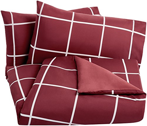 Amazon Basics - Juego de funda nórdica de microfibra ligera de microfibra, 260 x 220 cm, Burdeos a cuadros (Burgundy Simple Plaid)