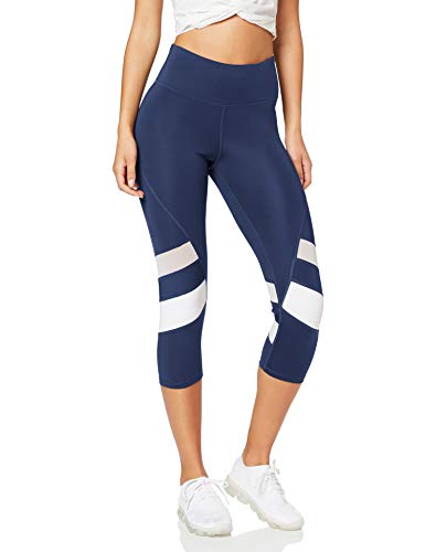 Amazon Brand - AURIQUE Leggings deportivos capri con paneles para mujer, Azul (Navy/white), 36, Label:XS