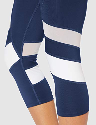Amazon Brand - AURIQUE Leggings deportivos capri con paneles para mujer, Azul (Navy/white), 42, Label:L