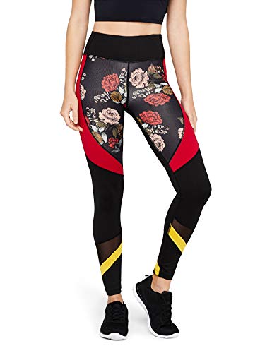 Amazon Brand - AURIQUE Leggings deportivos con paneles para mujer, Negro (Black/Red Floral Print), 40, Label:M