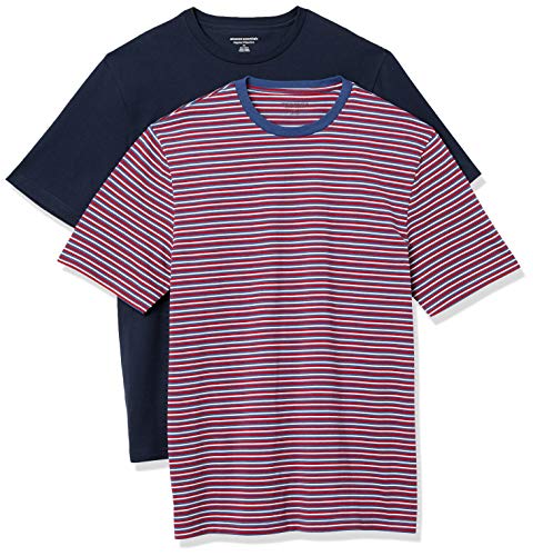 Amazon Essentials 2-Pack Crewneck T-Shirts Undershirts, Alimentador Rojo, Blanco, Azul/Azul Marino, S, Pack de 2