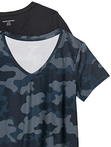 Amazon Essentials 2-Pack Tech Stretch Short-Sleeve V-Neck T-Shirt Fashion-t-Shirts, Camuflaje Negro/Gris, XS, Pack de 2