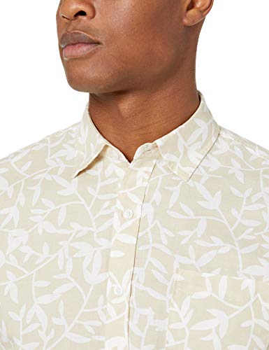 Amazon Essentials - Camisa a cuadros de lino con manga corta para hombre., Natural Leaf Print, US M (EU M)