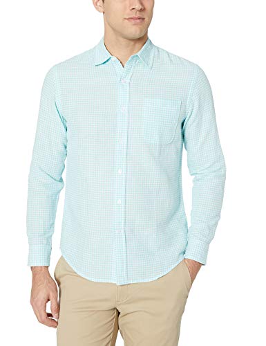 Amazon Essentials - Camisa de lino con manga larga, corte entallado y estampado para hombre, aguamarina (Aqua Gingham), US S (EU S)