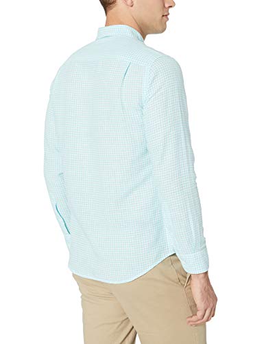 Amazon Essentials - Camisa de lino con manga larga, corte entallado y estampado para hombre, aguamarina (Aqua Gingham), US XL (EU XL - XXL)