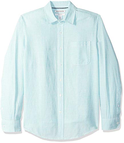 Amazon Essentials - Camisa de lino con manga larga, corte entallado y estampado para hombre, aguamarina (Aqua Gingham), US XL (EU XL - XXL)