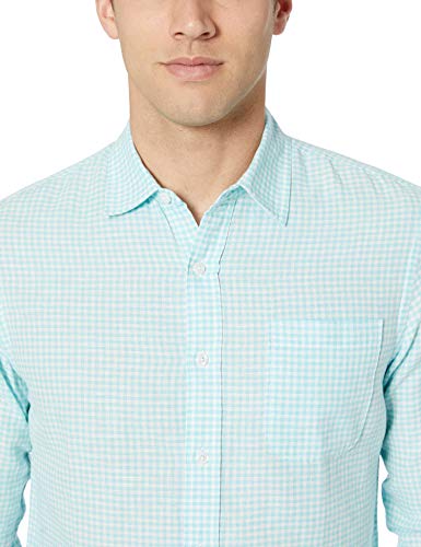 Amazon Essentials - Camisa de lino con manga larga, corte entallado y estampado para hombre, aguamarina (Aqua Gingham), US XL (EU XL - XXL)