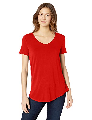 Amazon Essentials - Camisa de manga corta con cuello en V para mujer, Rojo, coral, US L (EU L - XL)