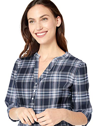Amazon Essentials - Camisa de manga larga de algodón para mujer, Índigo (Indigo Plaid), US M (EU M - L)