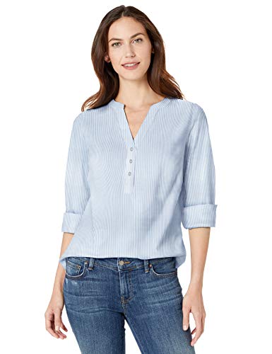 Amazon Essentials - Camisa de manga larga de algodón para mujer, Mini French Blue Stripe, US S (EU S - M)
